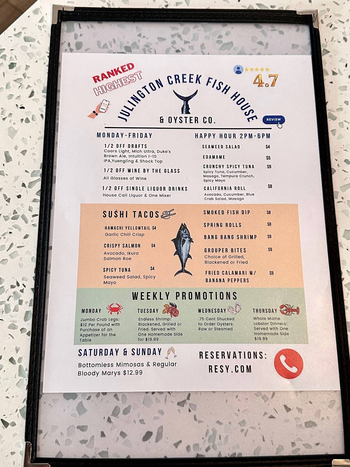 Menu at Julington Creek Fish House & Oyster Company restaurant, Fruit Cove