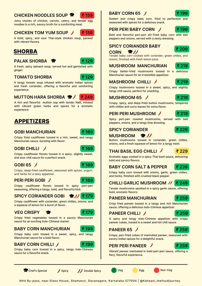 Kahaani - The Food Journey Near Glass House Shamanur Daavanagere menu