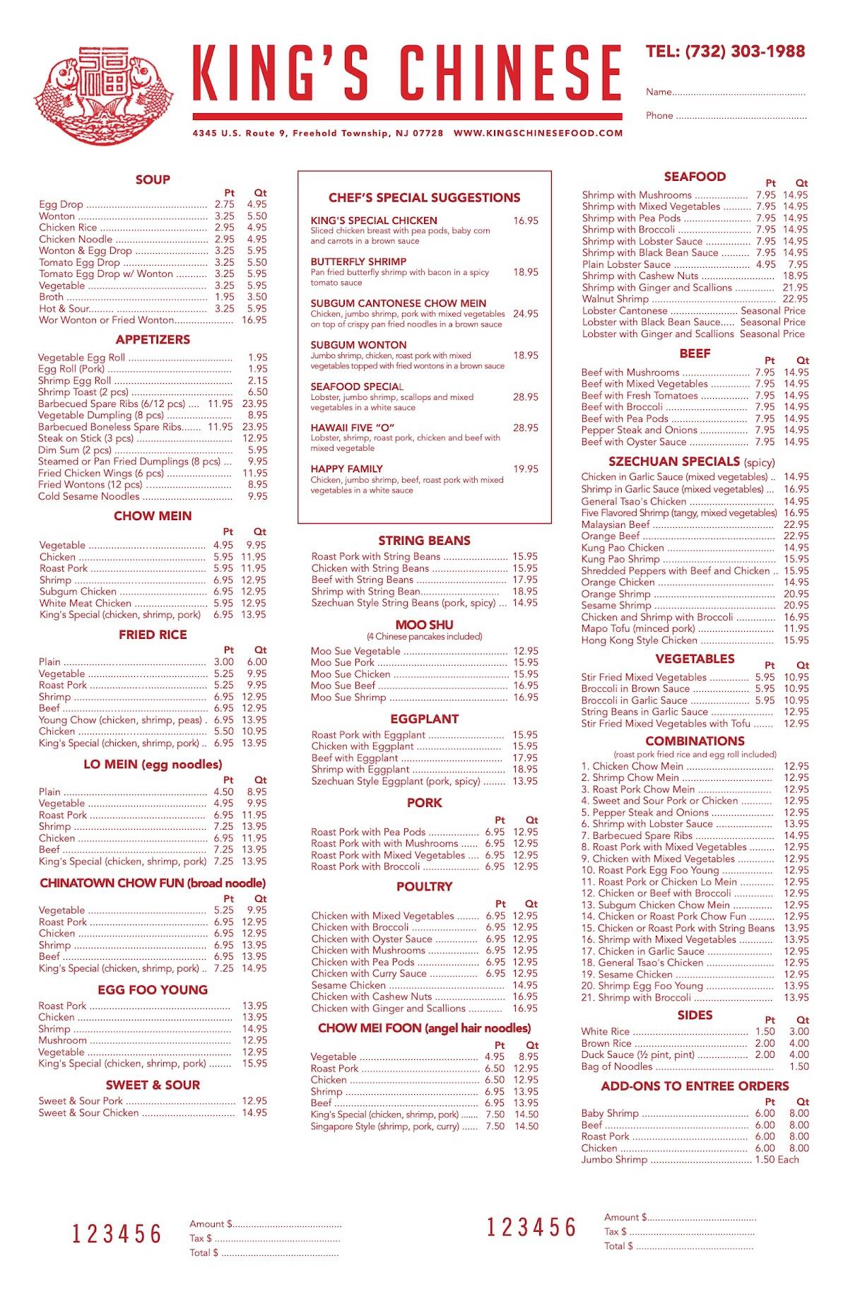 Menu at King's Chinese restaurant, Freehold