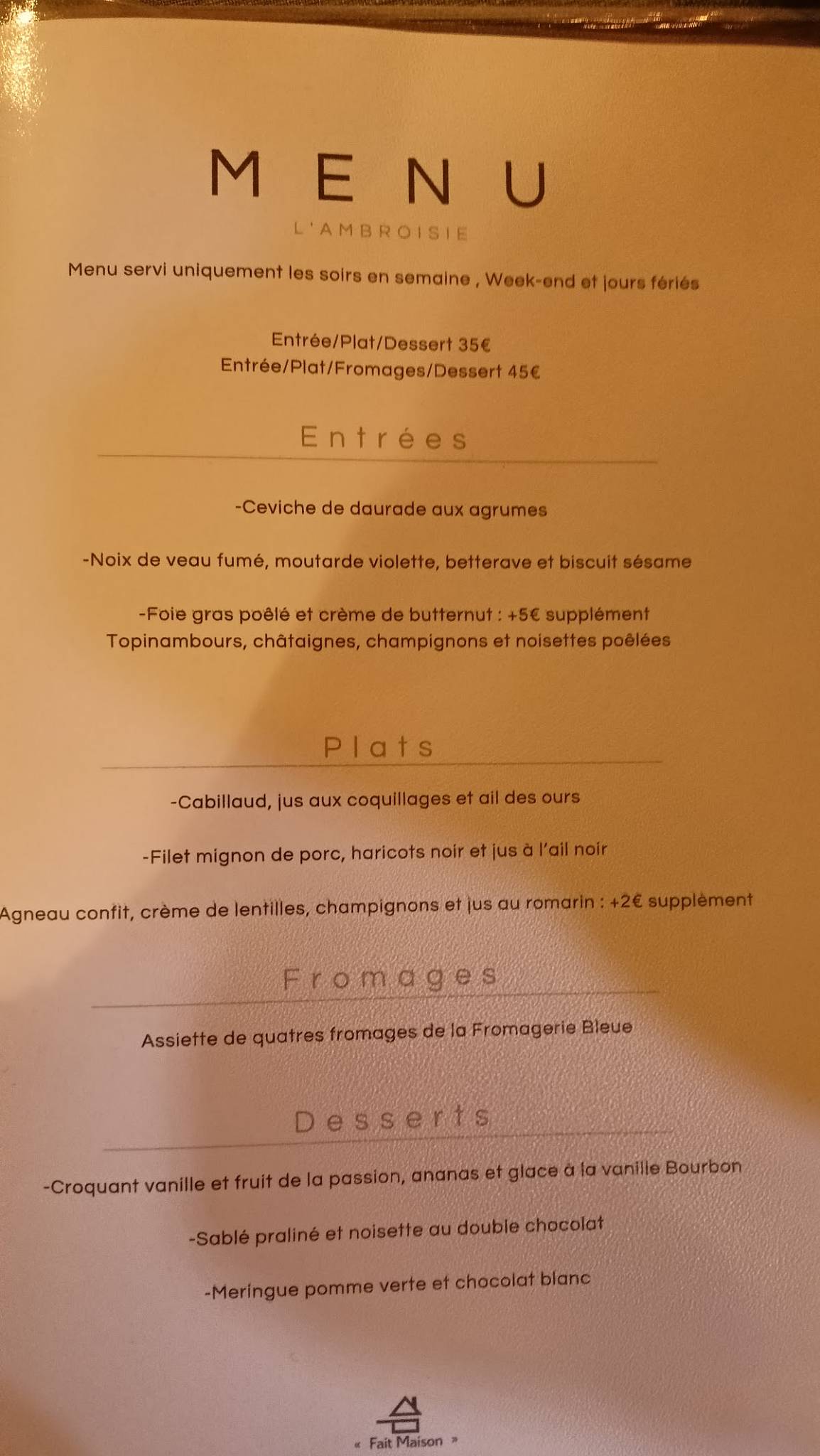 Menu de L’ Ambroisie