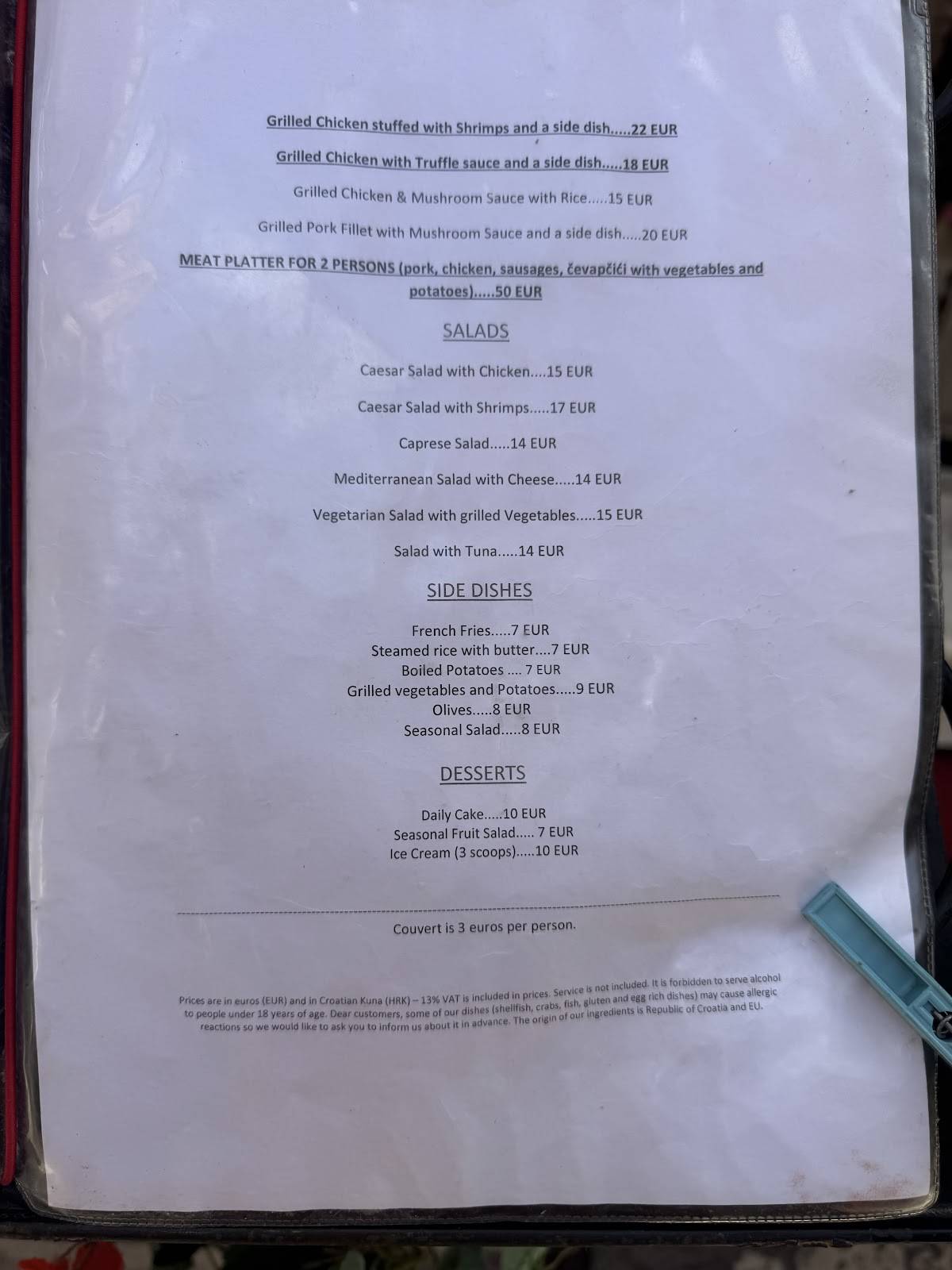 Menu di LAJK restaurant Dubrovnik 