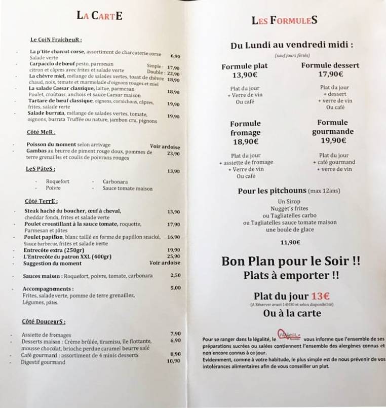 Menu de Restaurant LE PAPAREIL