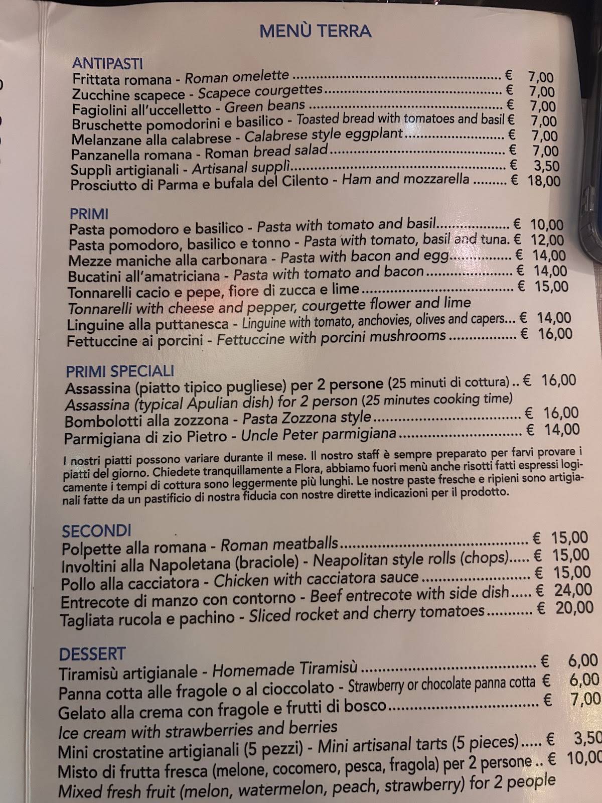 Menu di La Fata Turchina 