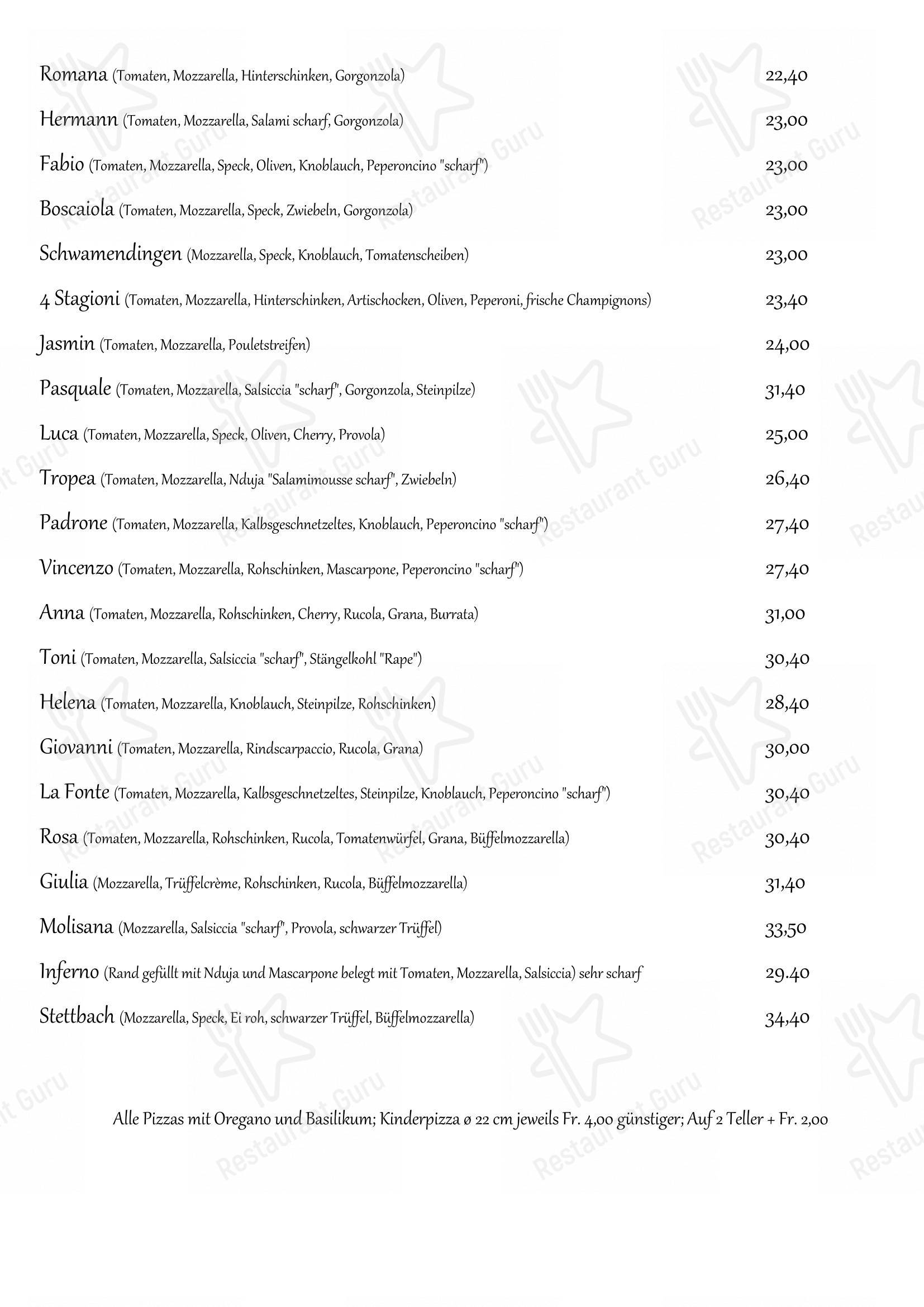 Menu per Restaurant La Fonte pizzeria