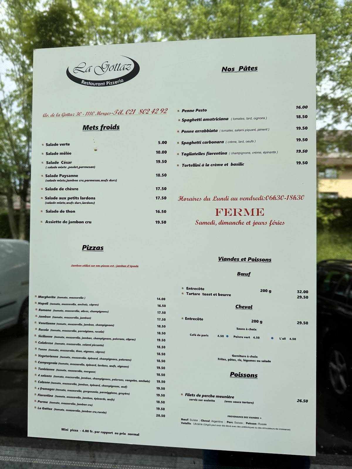 Menu di Restaurant La Gottaz 
