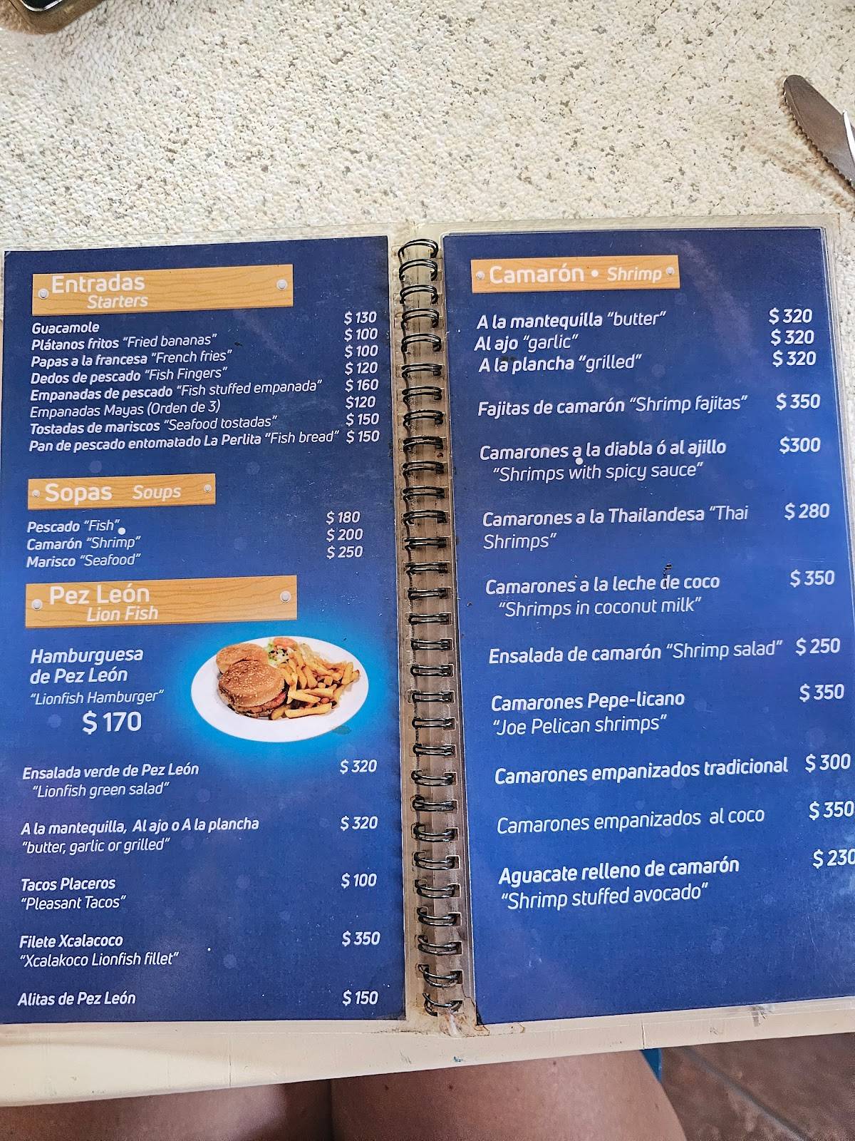 Menu at La Perlita restaurant, San Miguel de Cozumel, Calle 10 Nte 499
