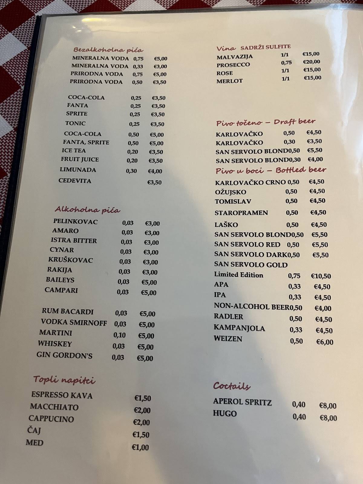 Menu di La Vela gostionica 