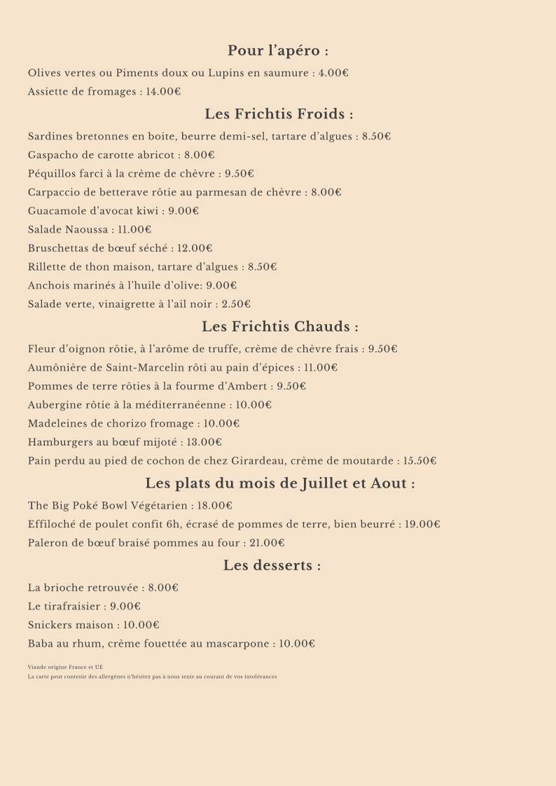 Menu de Restaurant Le 1929 "La Tapasserie Rochelaise" La rochelle