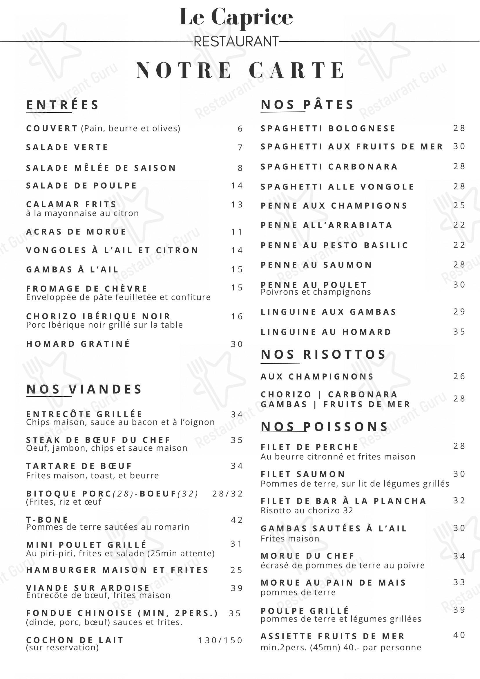 Menu per Restaurant Le Caprice ristorante