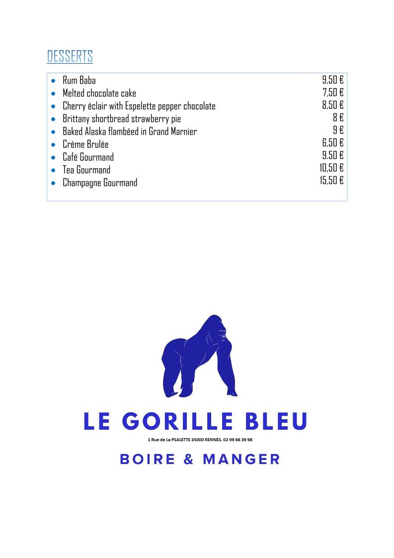 Menu de Le Gorille Bleu
