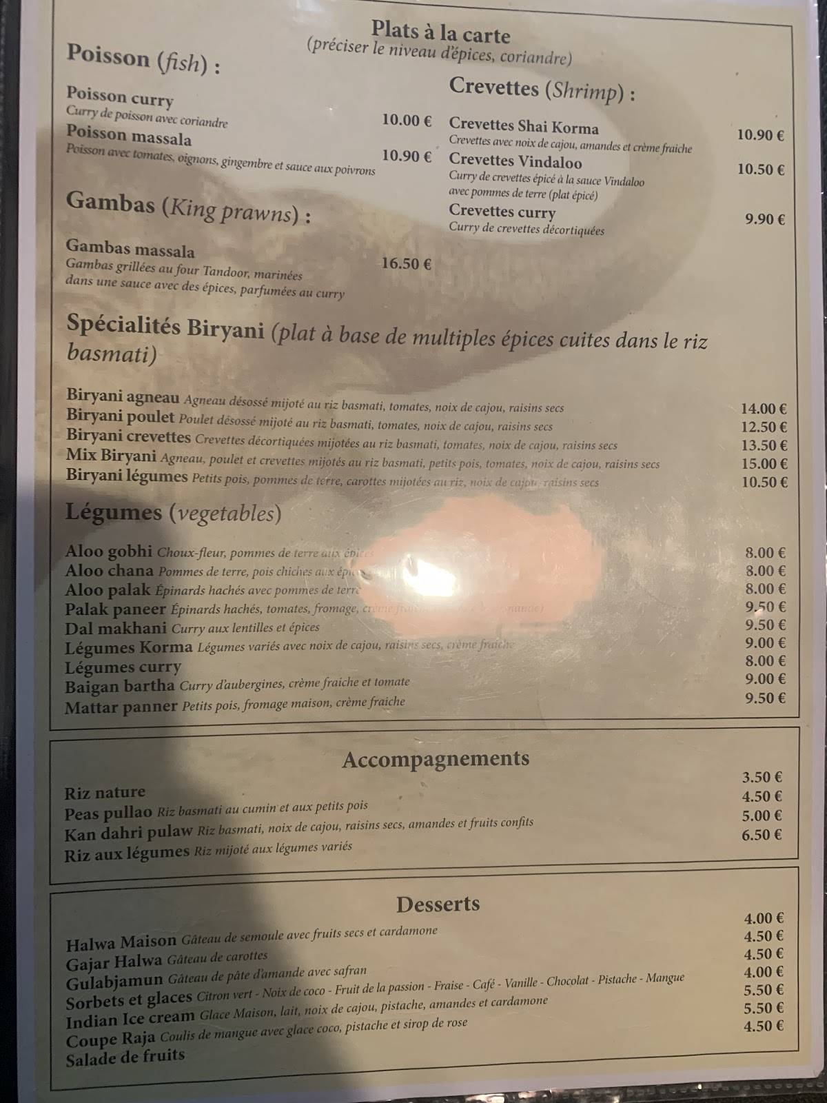 Menu de Le Palais du Rajah