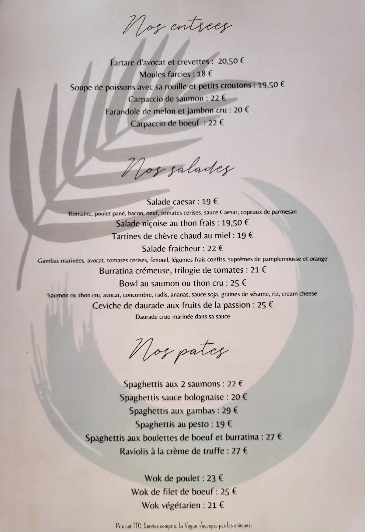 Menu de Le Vogue
