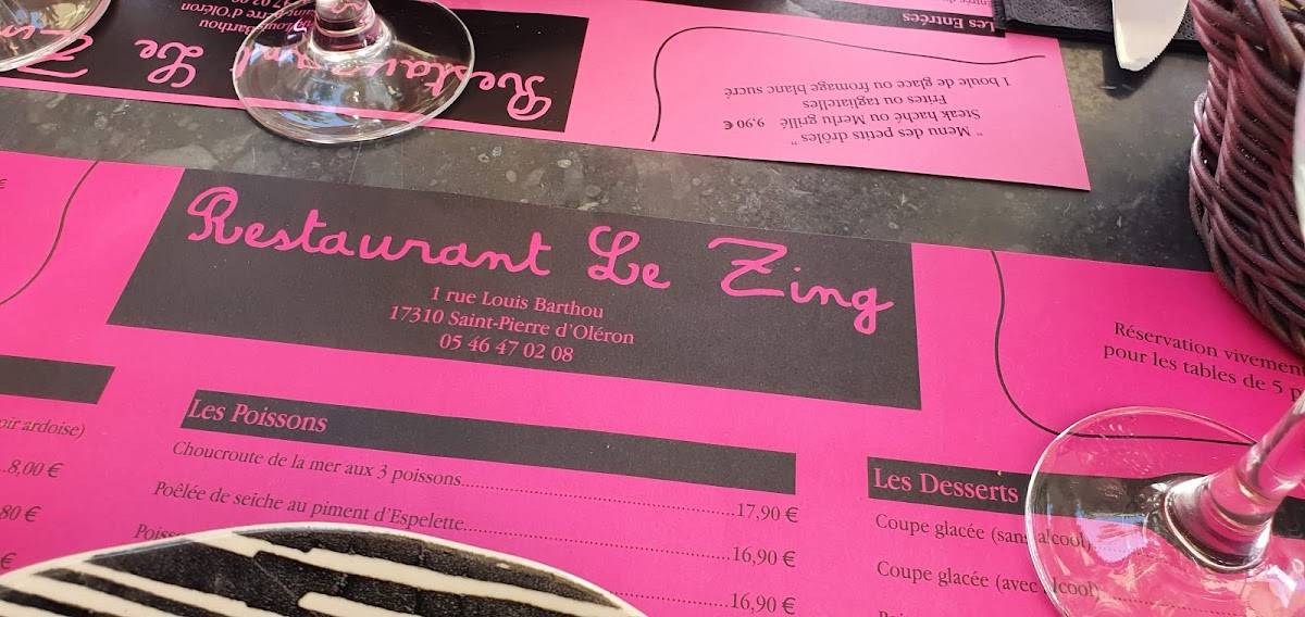 Menu au Le Zing restaurant, SaintPierred'Oléron, 1 Rue Louis Barthou