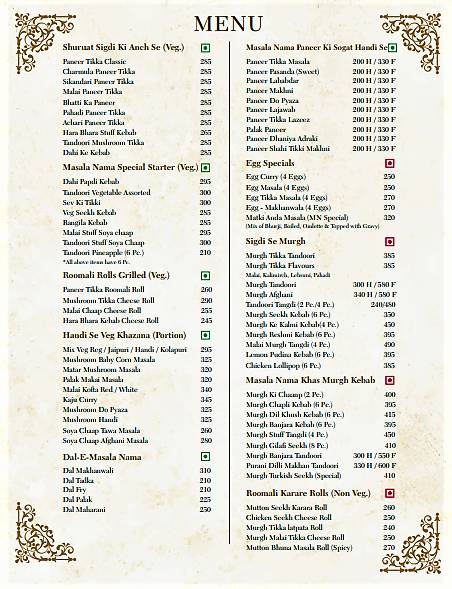 MASALA NAMA menu