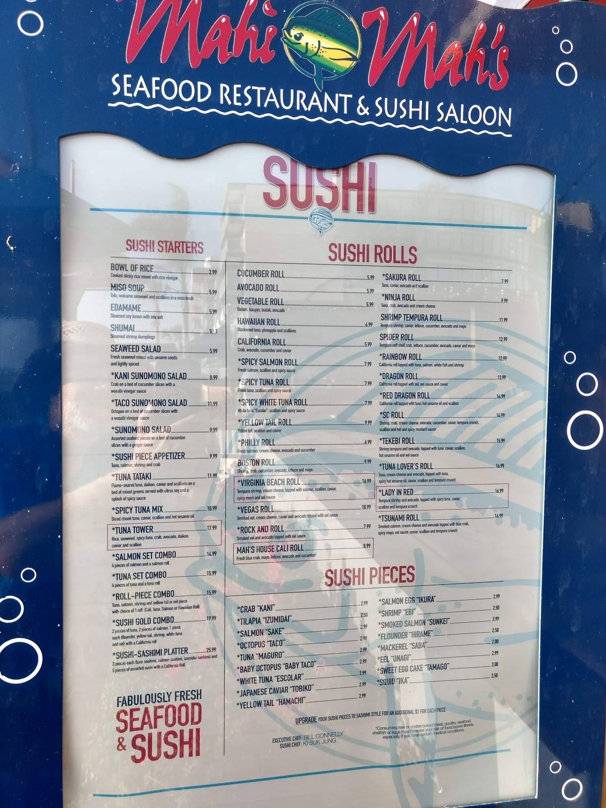 Menu at Mahi's restaurant, Virginia Beach