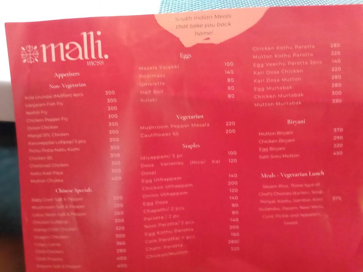 Malli Mess menu