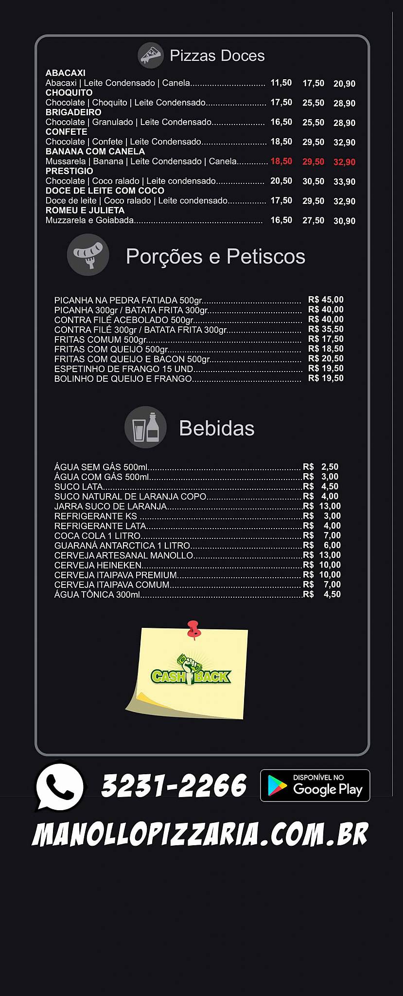 Manollo Pizzaria cardápio