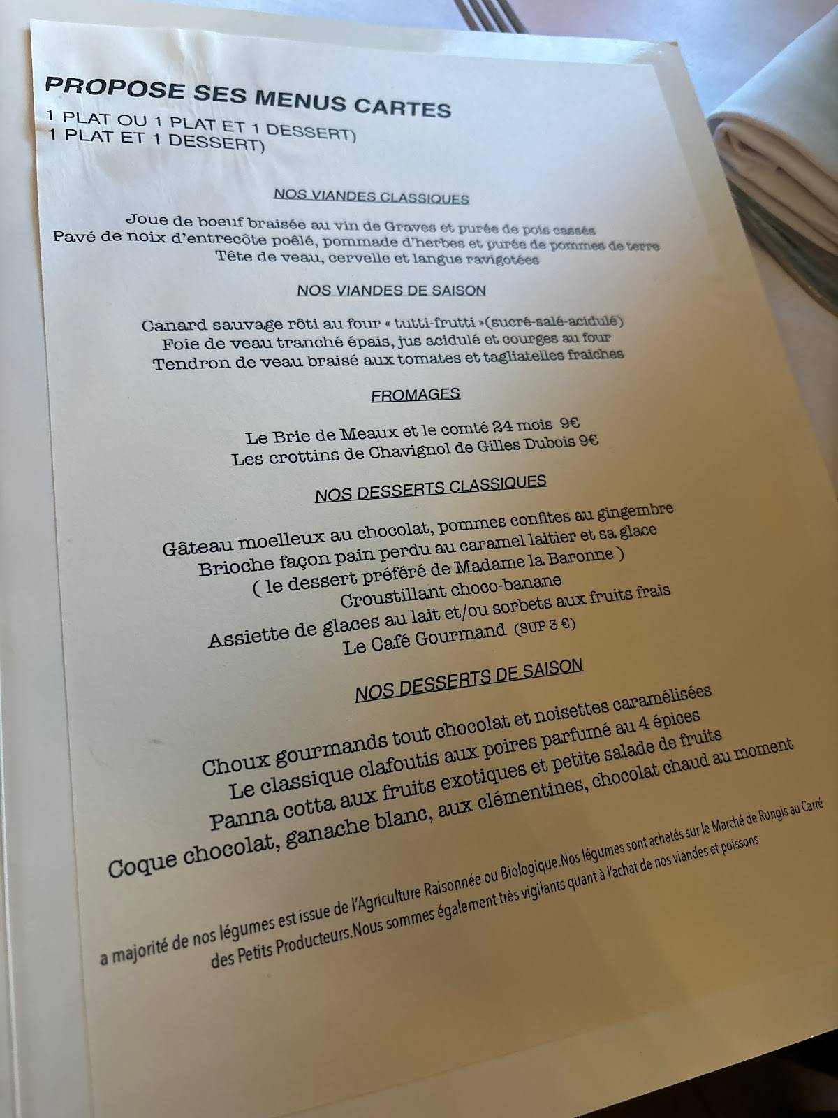 Menu de La Manufacture.