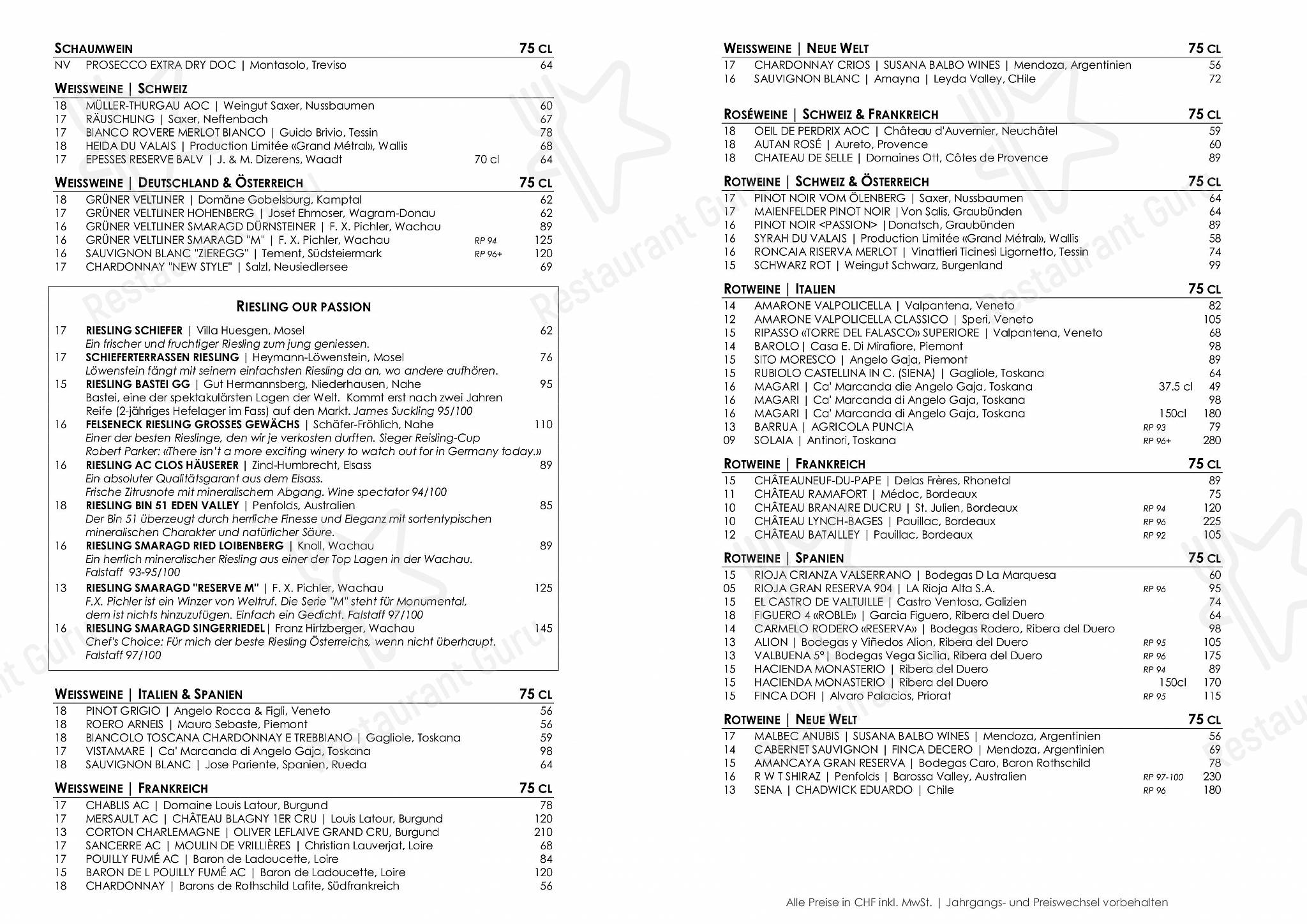 Metropol in Zurigo - Ночное меню