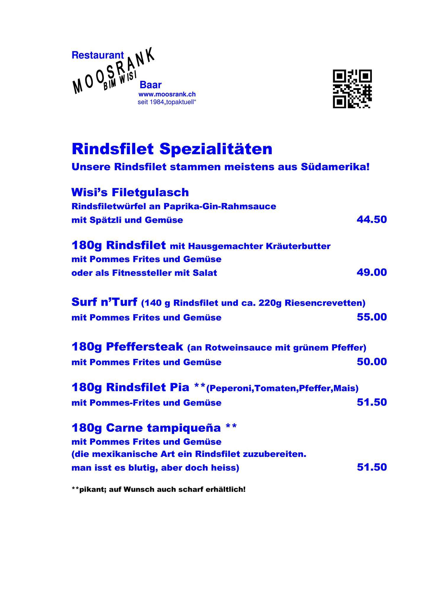 Menu di Restaurant Moosrank 