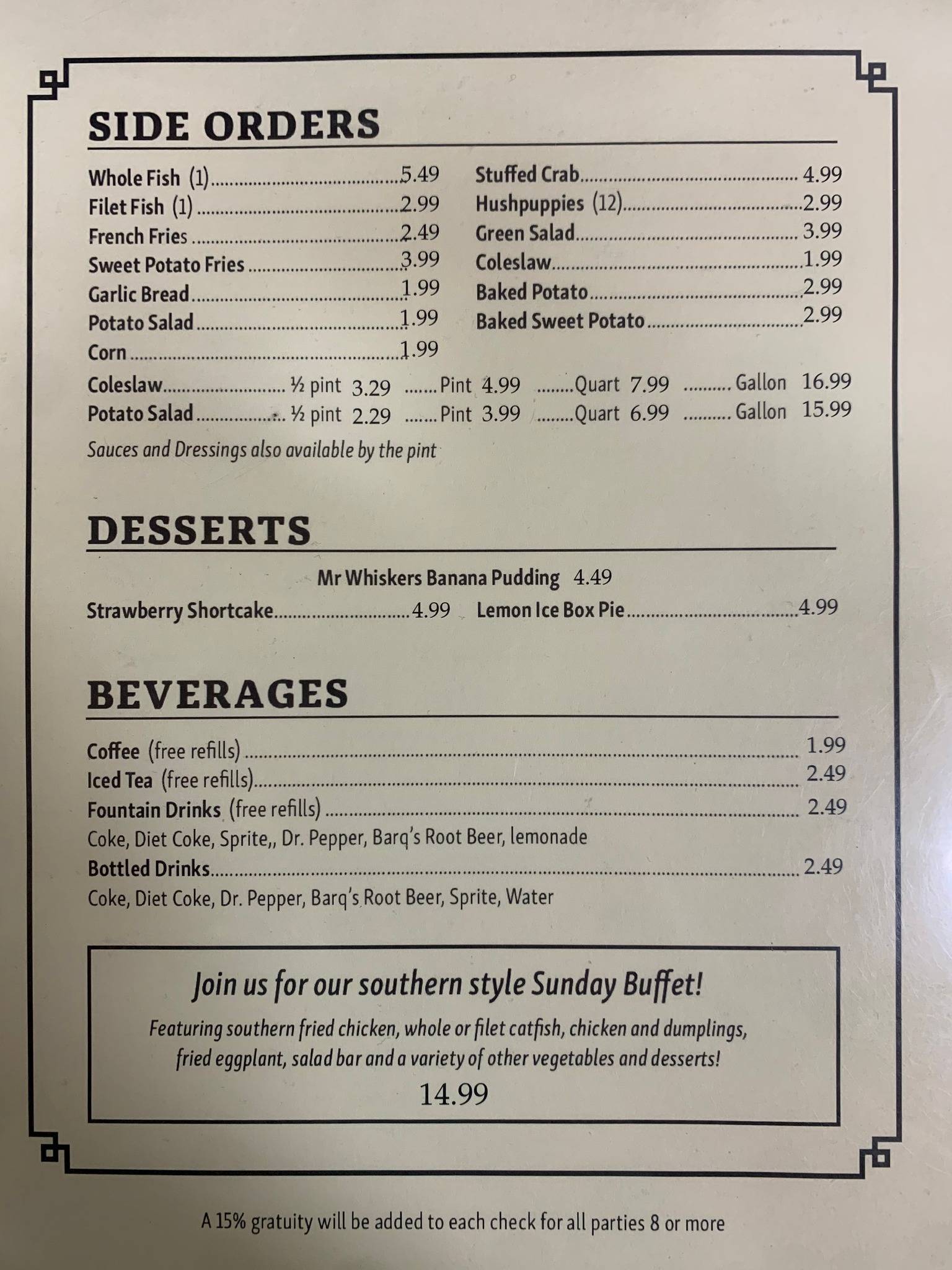 Menu at Mr Whiskers Family Catfish restaurant,