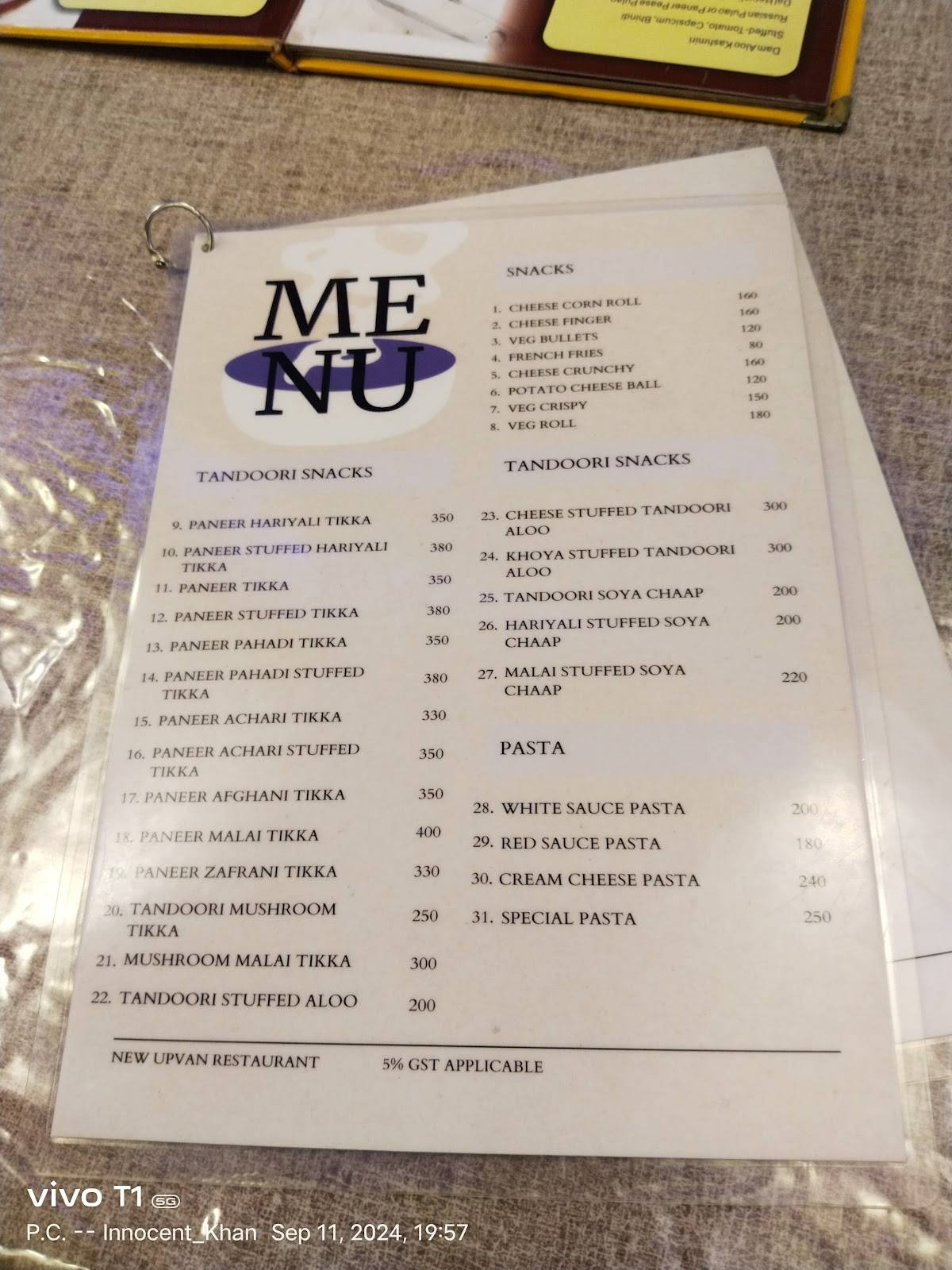 New Upvan Restaurant menu