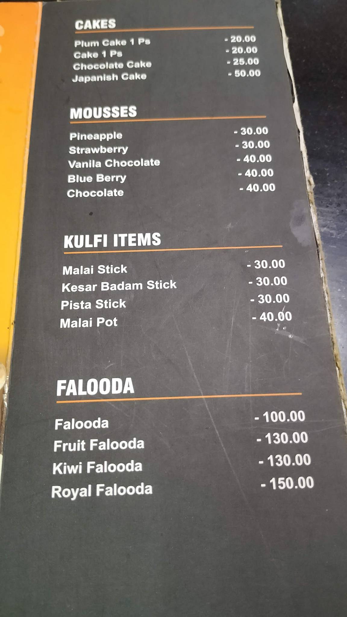 Orange Bakes menu