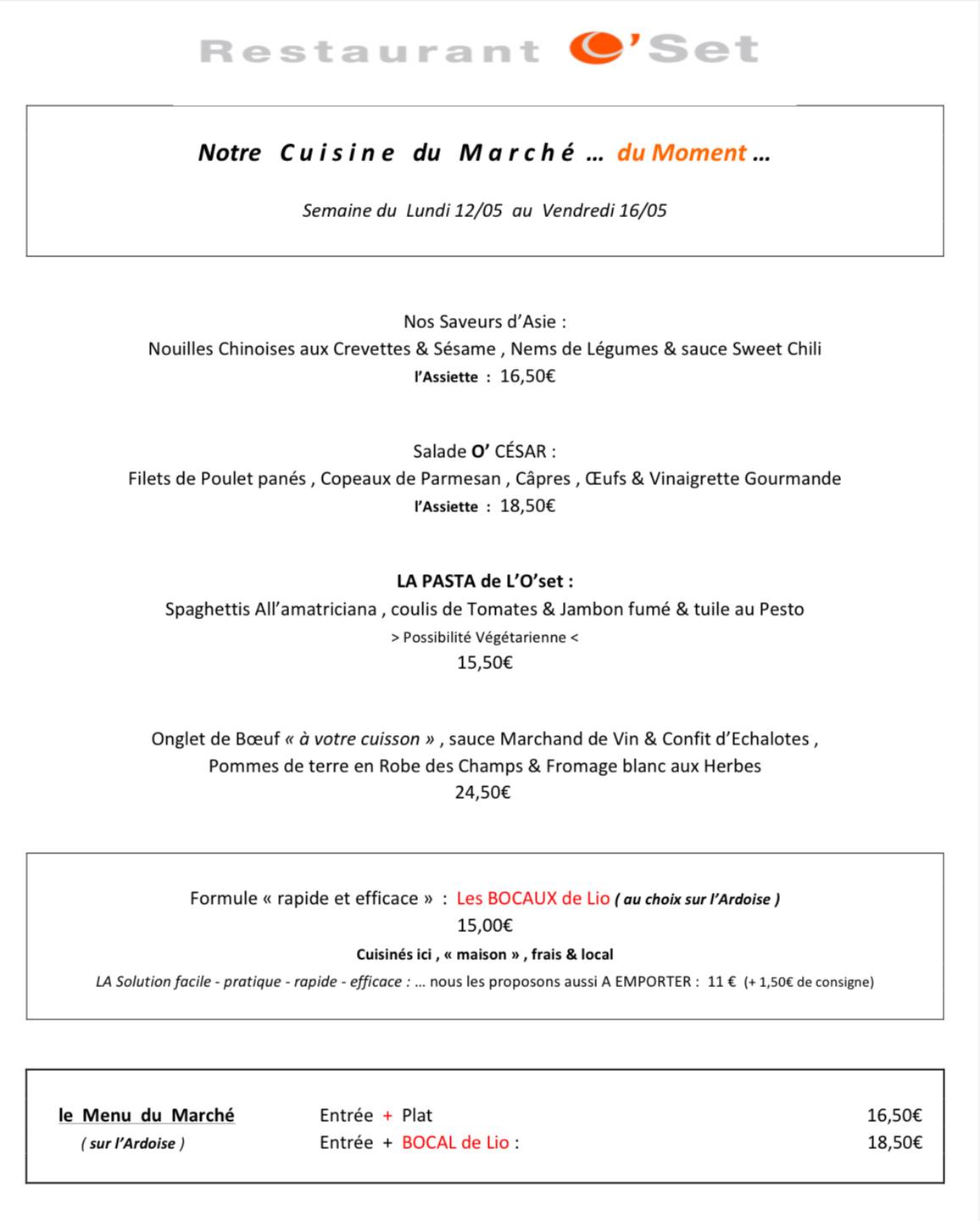 Menu de Restaurant O’set (« Oset » sur les Réseaux)