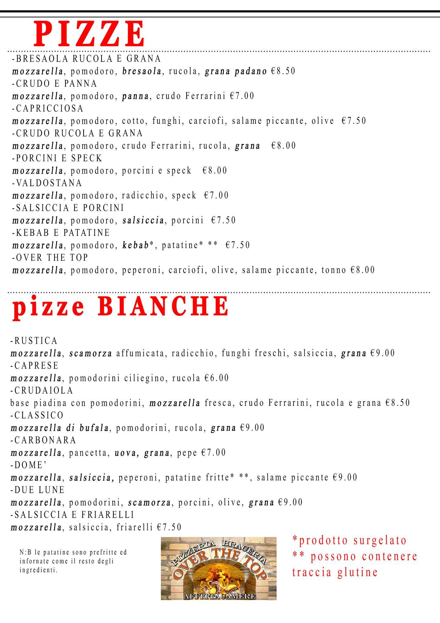 Menu di Over The Top Pizzeria Braceria 