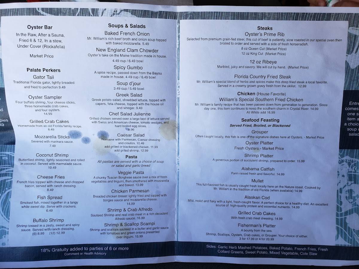 Menu at Oysters of Crystal River restaurant, Crystal River