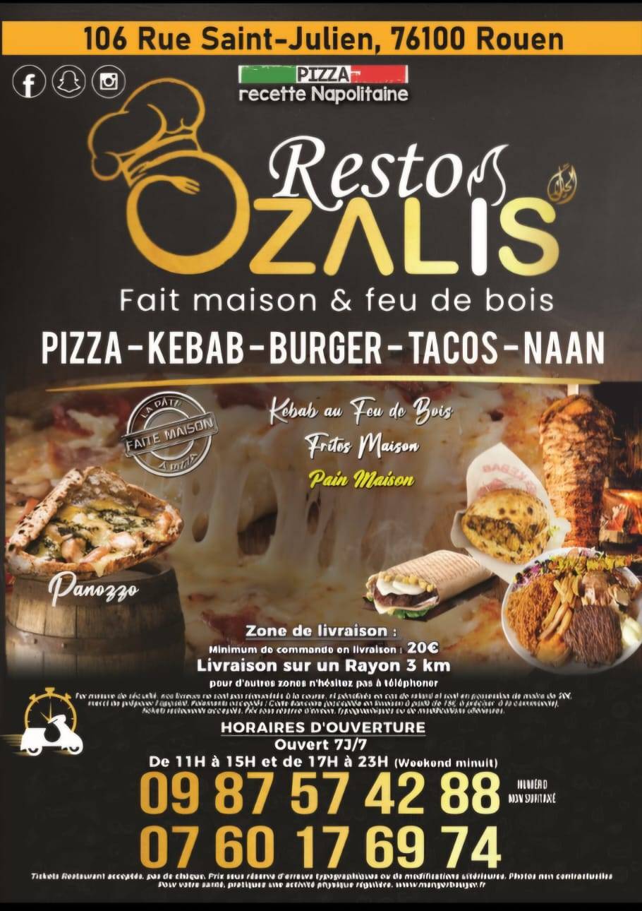 Menu de Ozalis Resto - Kebab au feu de bois, Pain & frite fait maison - Naan, Pizzas, Tacos, Burgers - Rouen