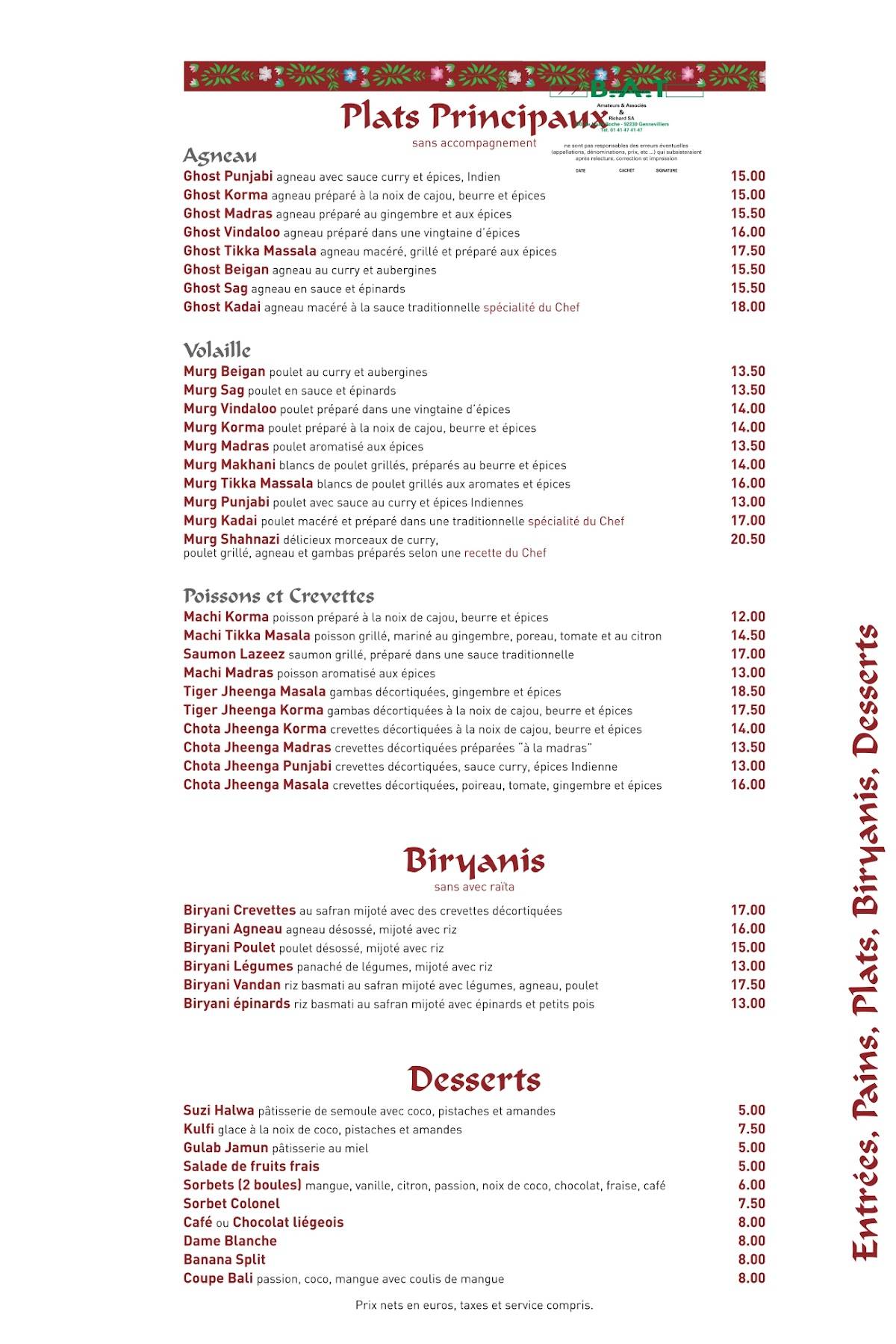Menu de Palais de Vandan