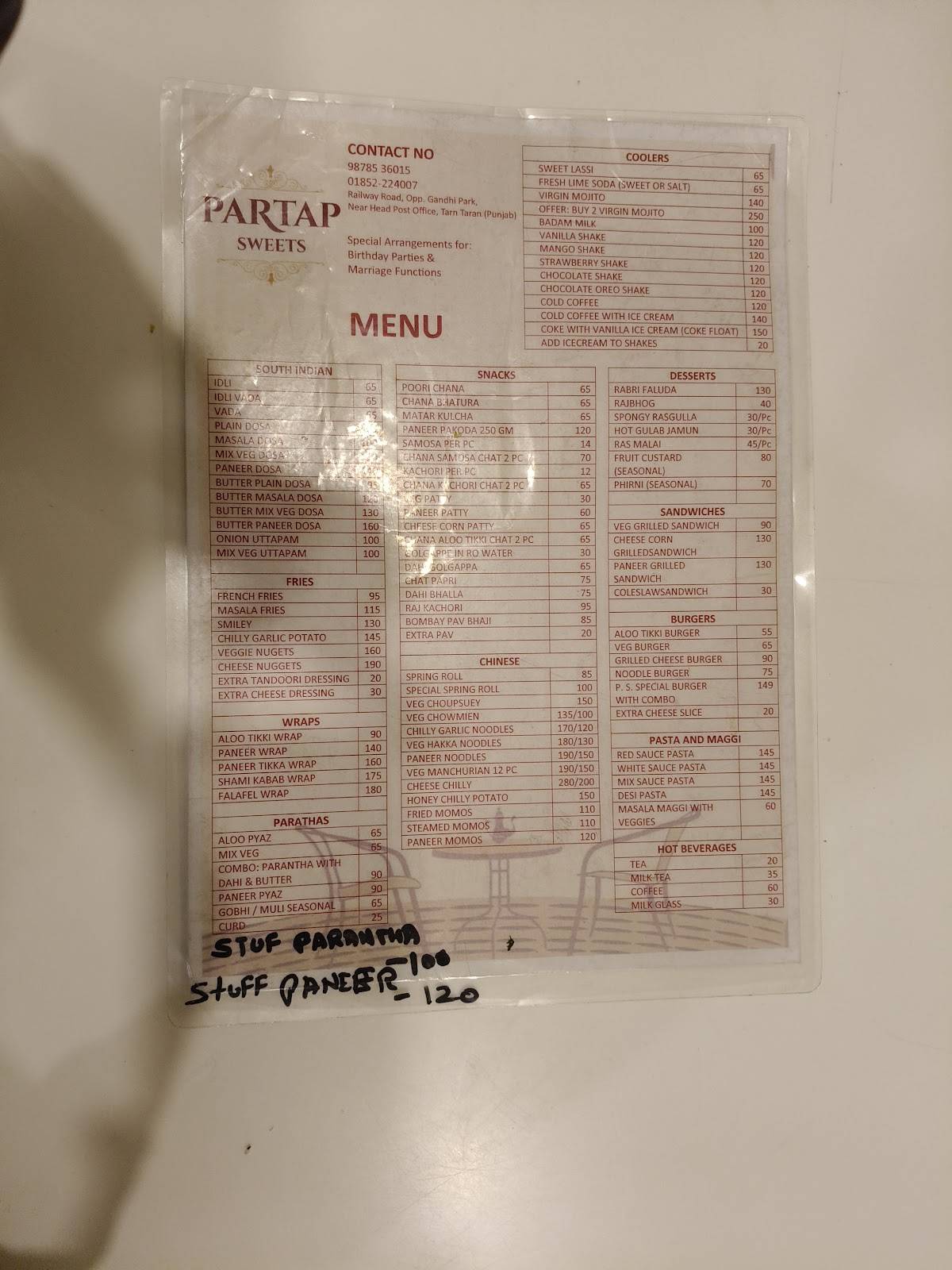 Partap Sweets menu
