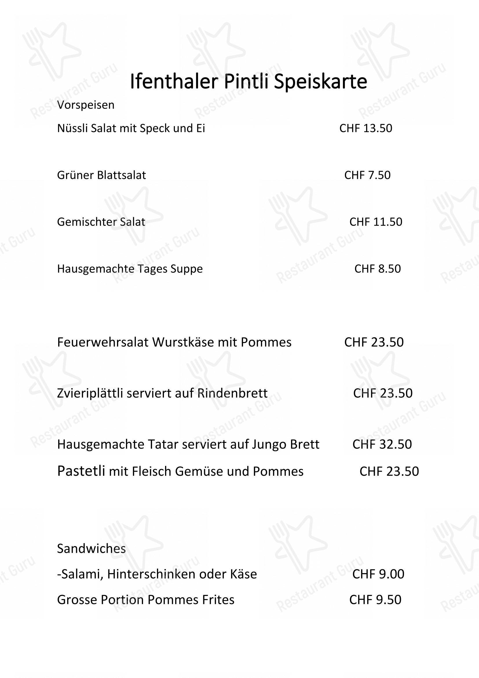 Menu di Restaurant Pintli - Ifenthal - Menu