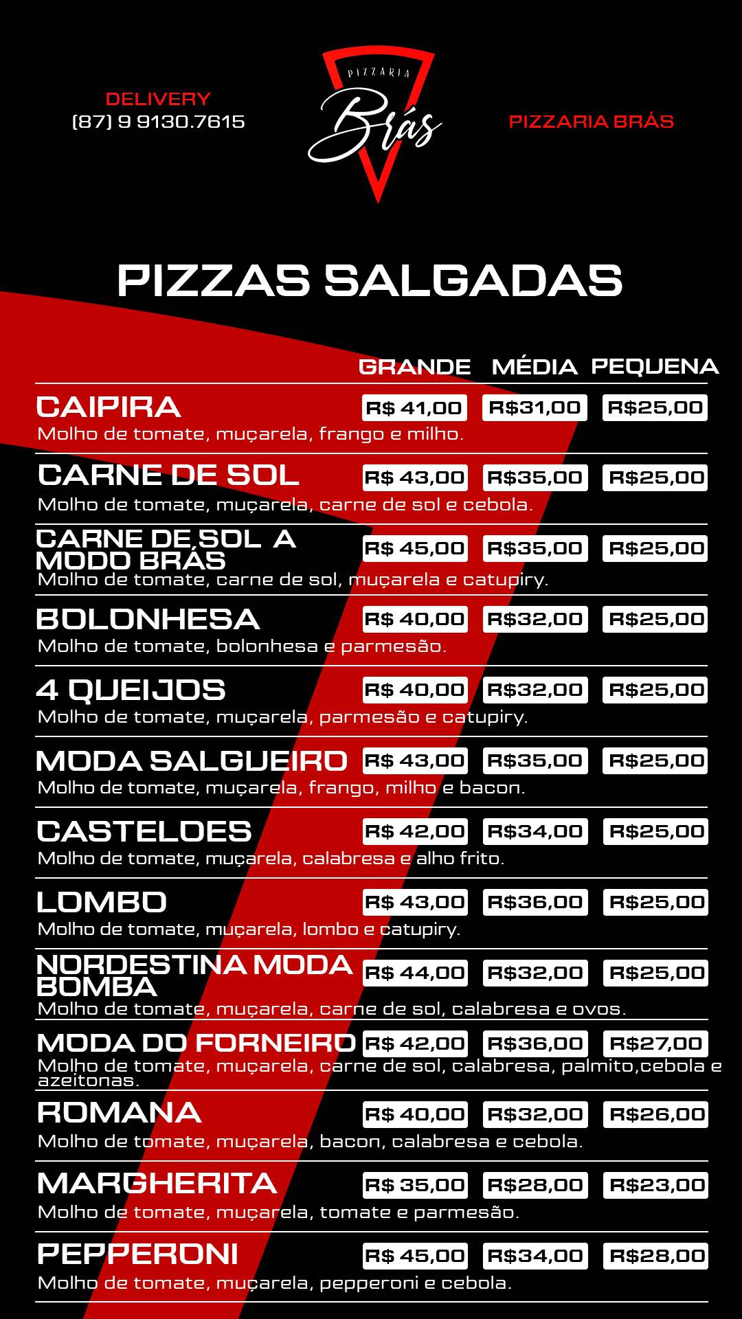 Pizzaria Brás cardápio