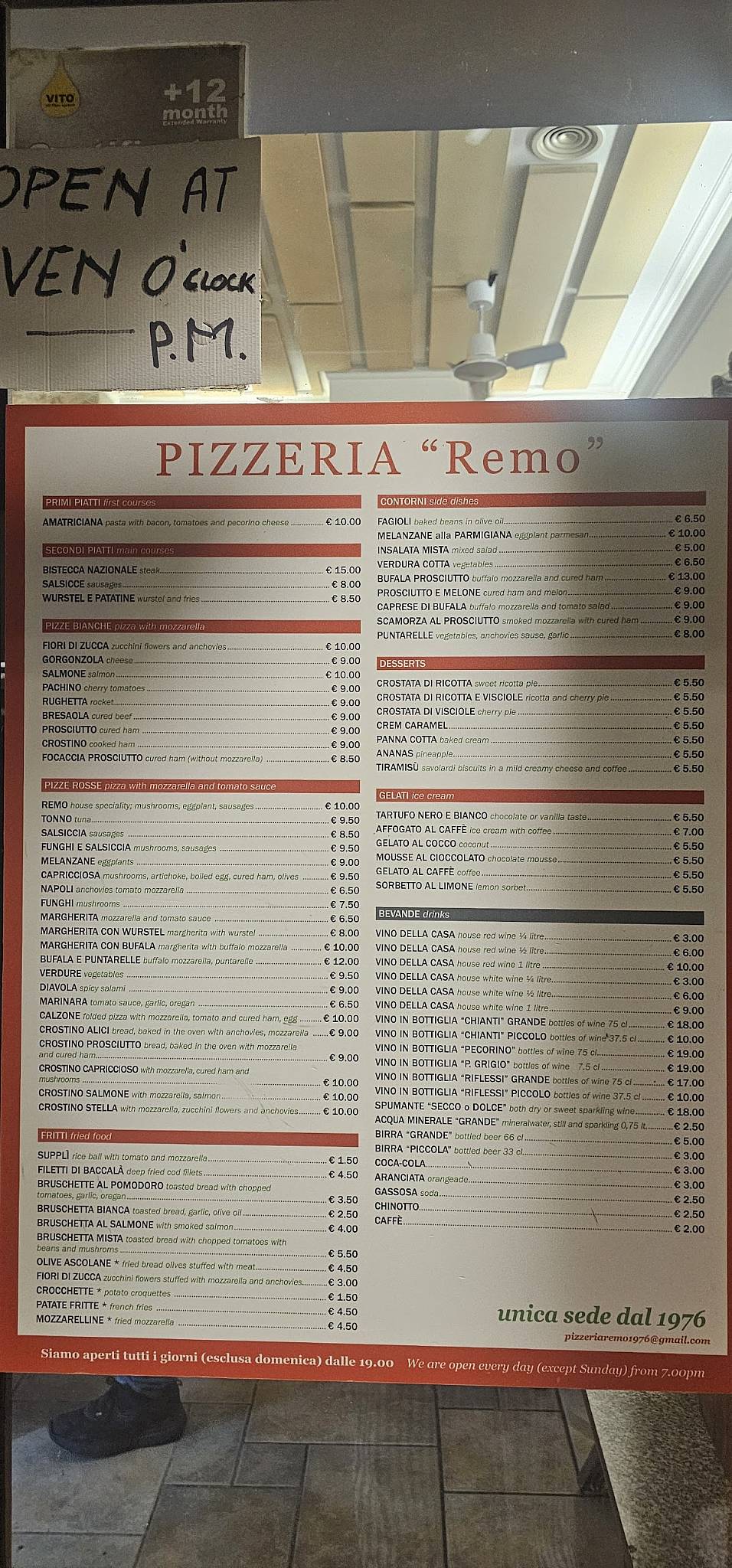 Menu di Pizzeria Remo A Testaccio 