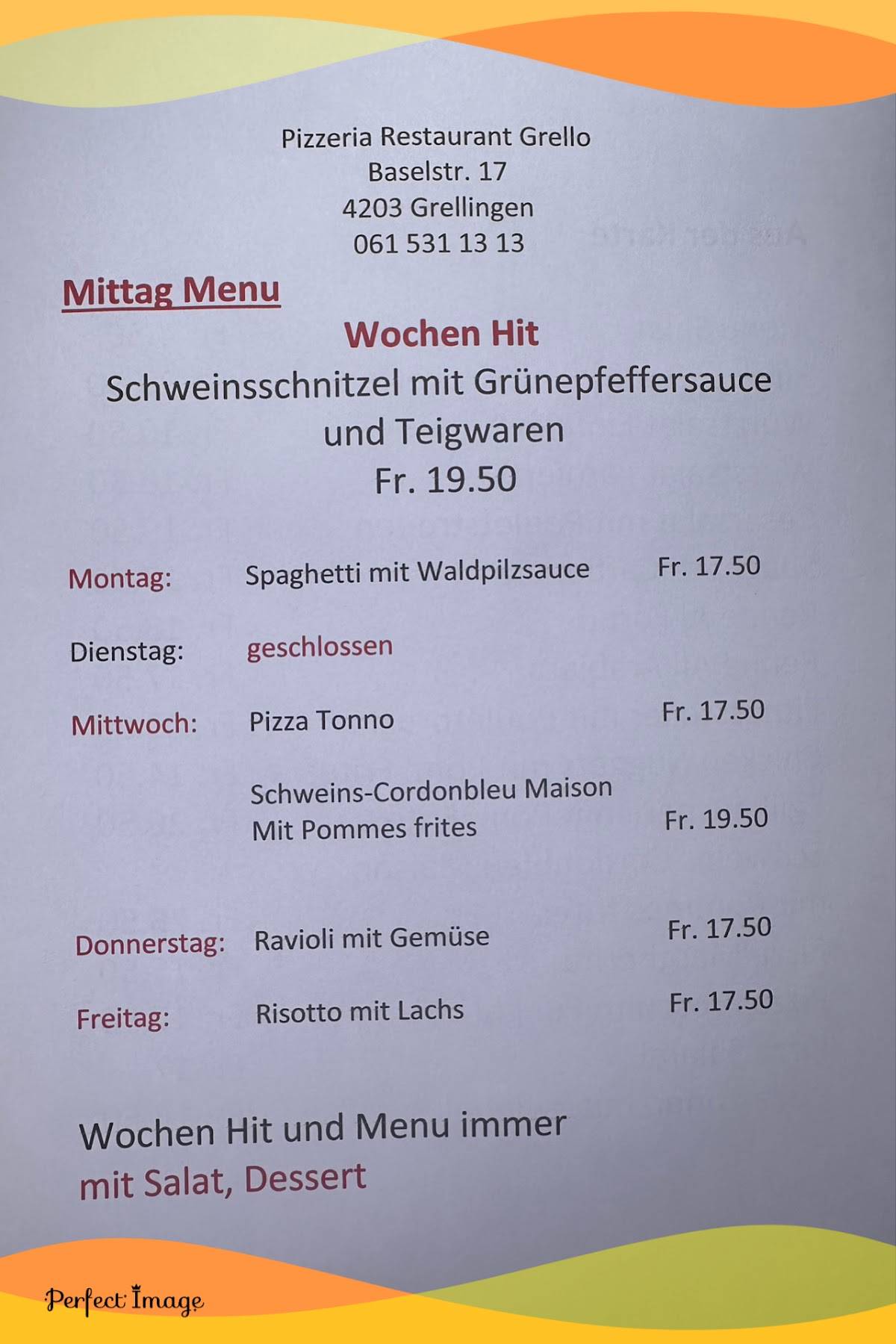 Menu di Pizzeria Restaurant Grello 