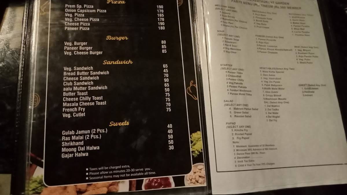 Prem Restaurant & Garden menu
