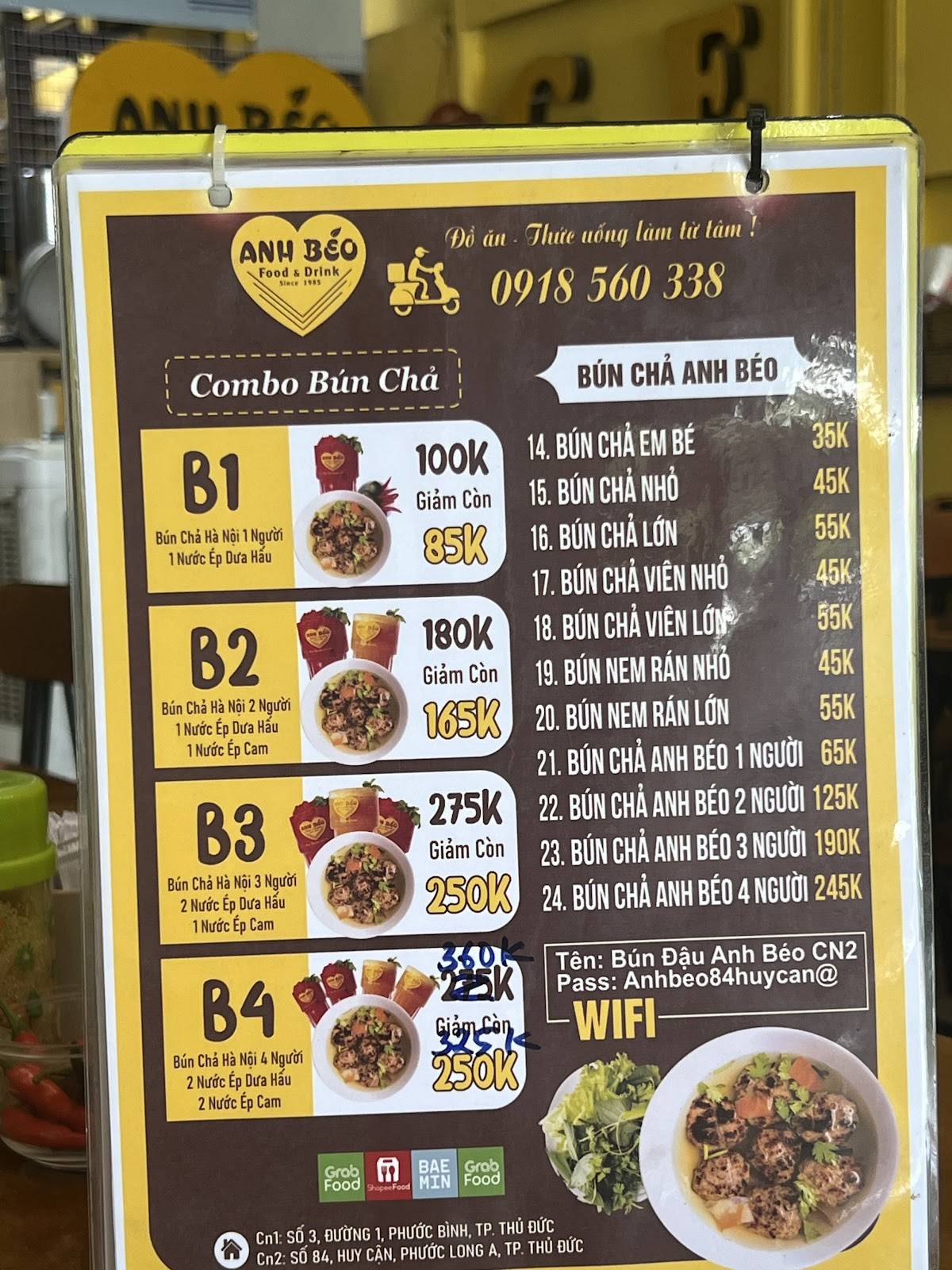Menu at Quán Ốc Bốc Lửa restaurant, Ho Chi Minh City