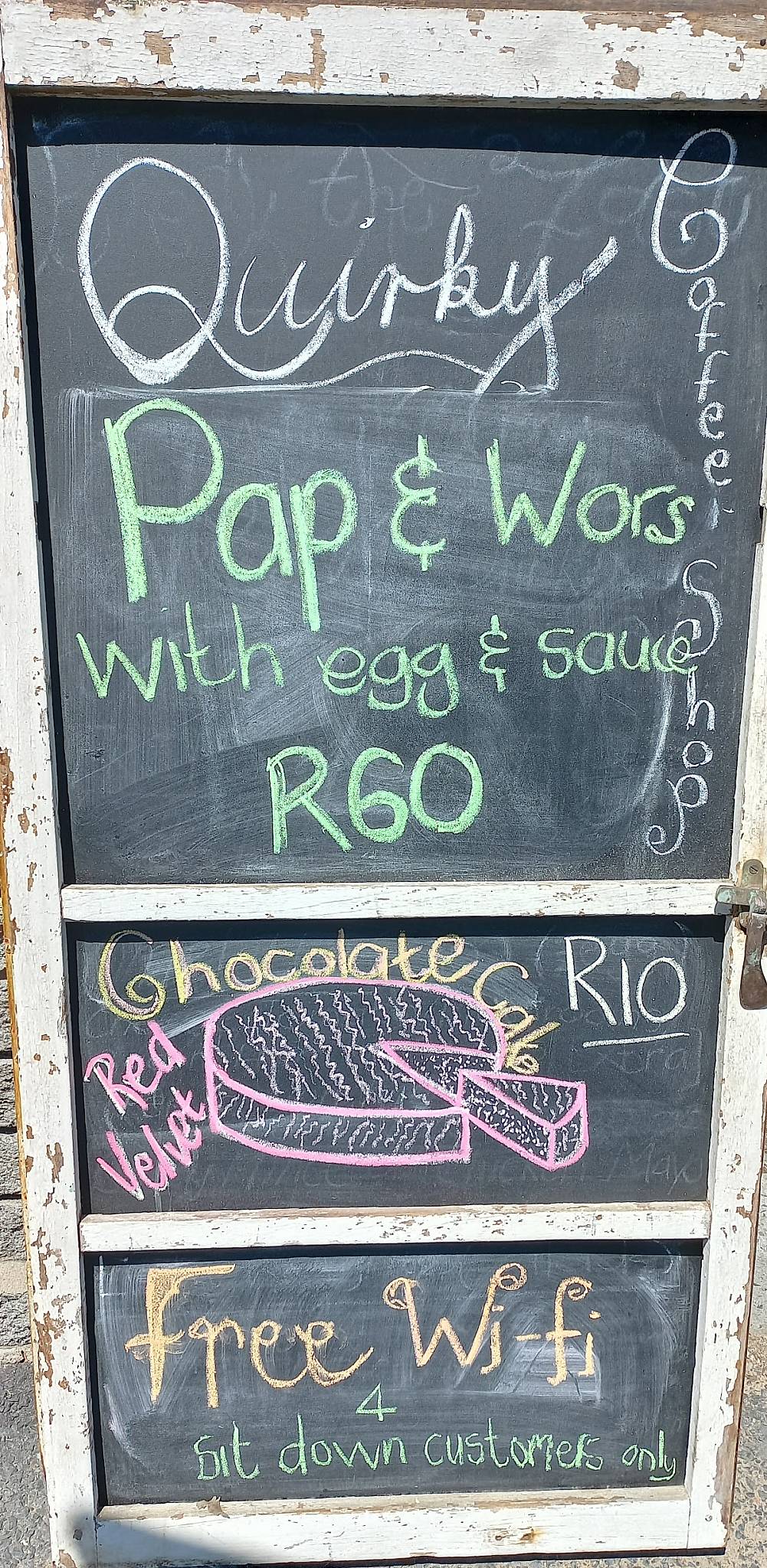 Menu au Quirky Coffee Shop, Le Cap