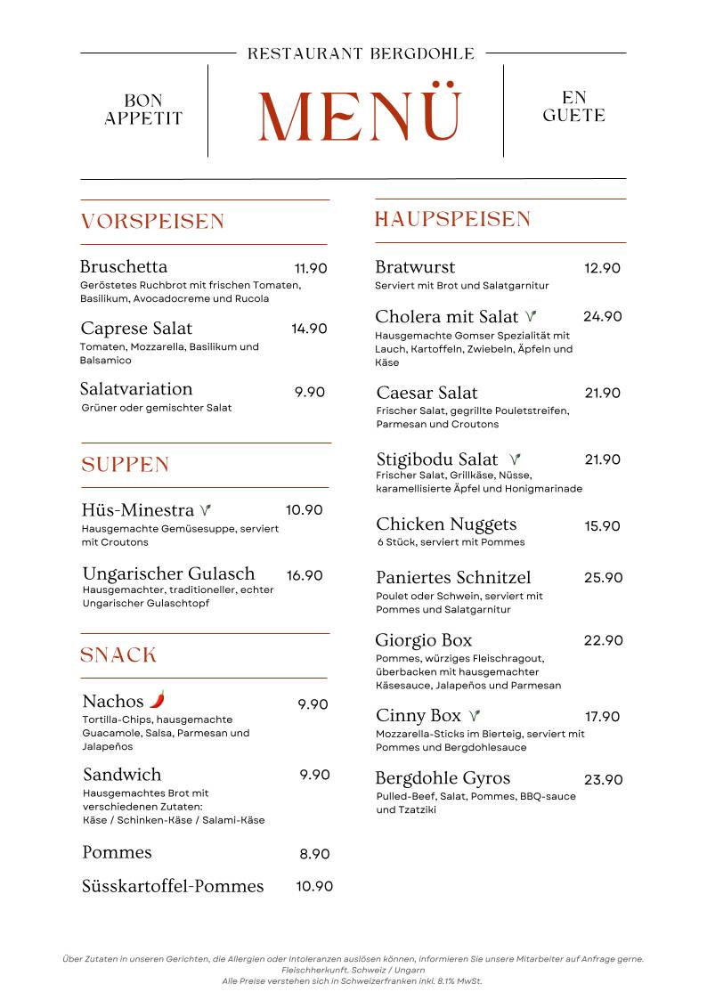 Menu di Restaurant Bergdohle Riederalp 