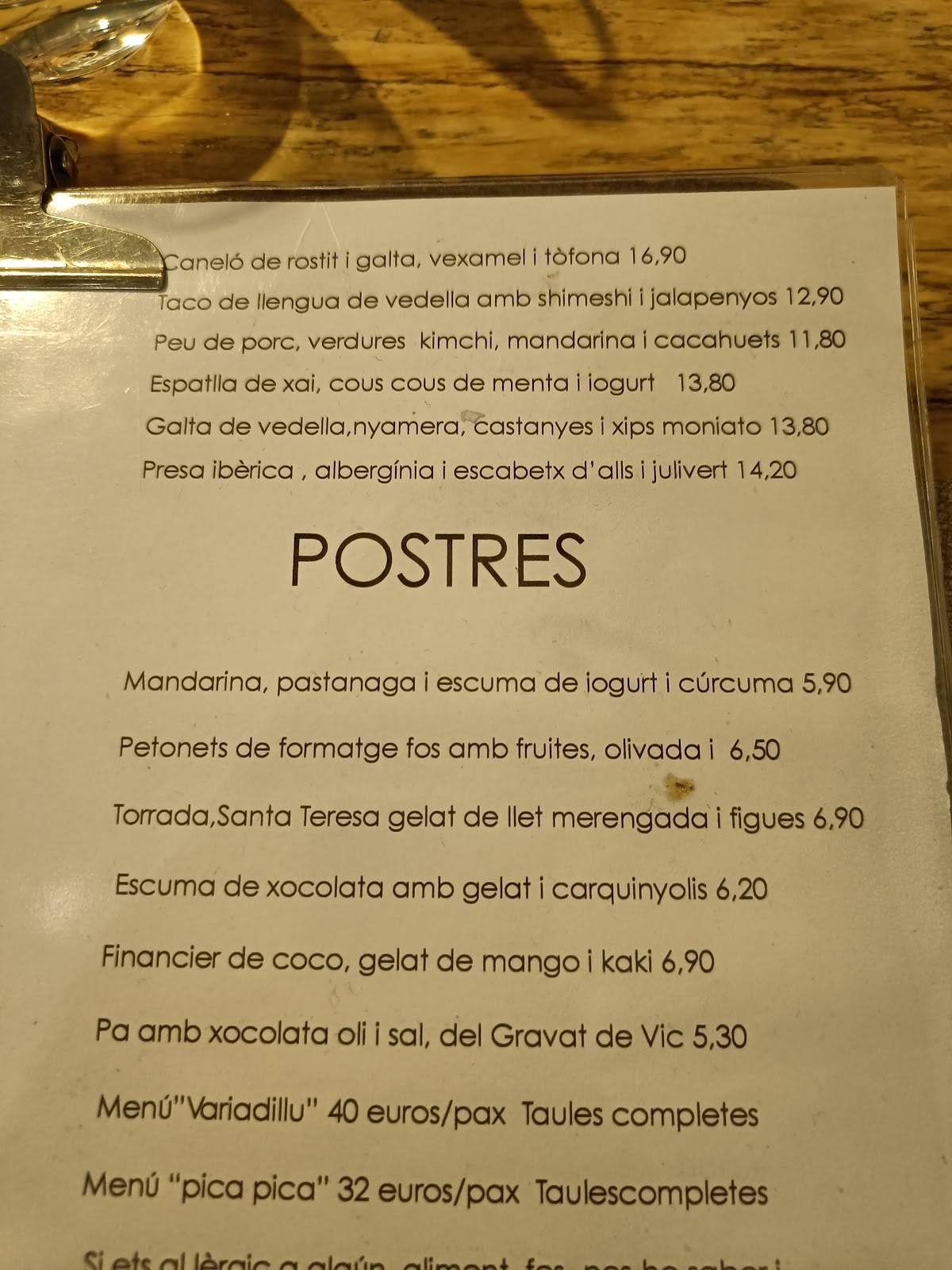 Carta de Restaurant La Panxa del Bisbe, Barcelona