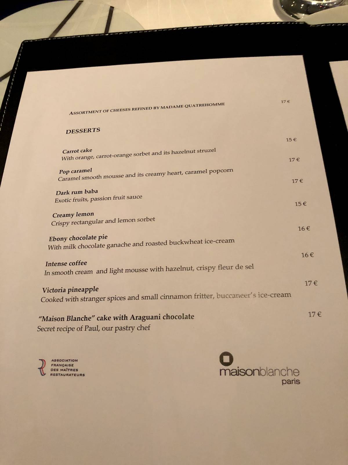 Menu at Restaurant Maison Blanche, Paris, 15 Av. Montaigne