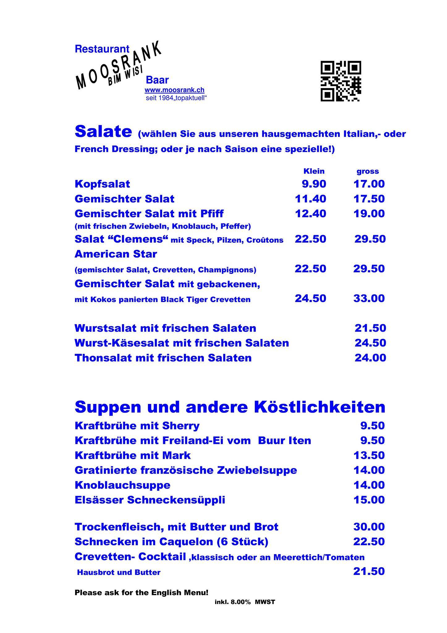 Menu di Restaurant Moosrank 