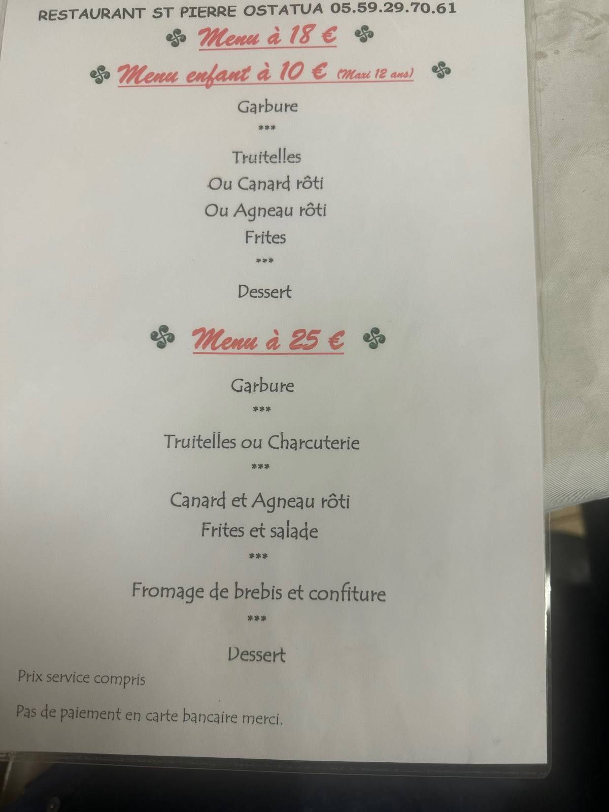 Menu de Restaurant Saint-Pierre