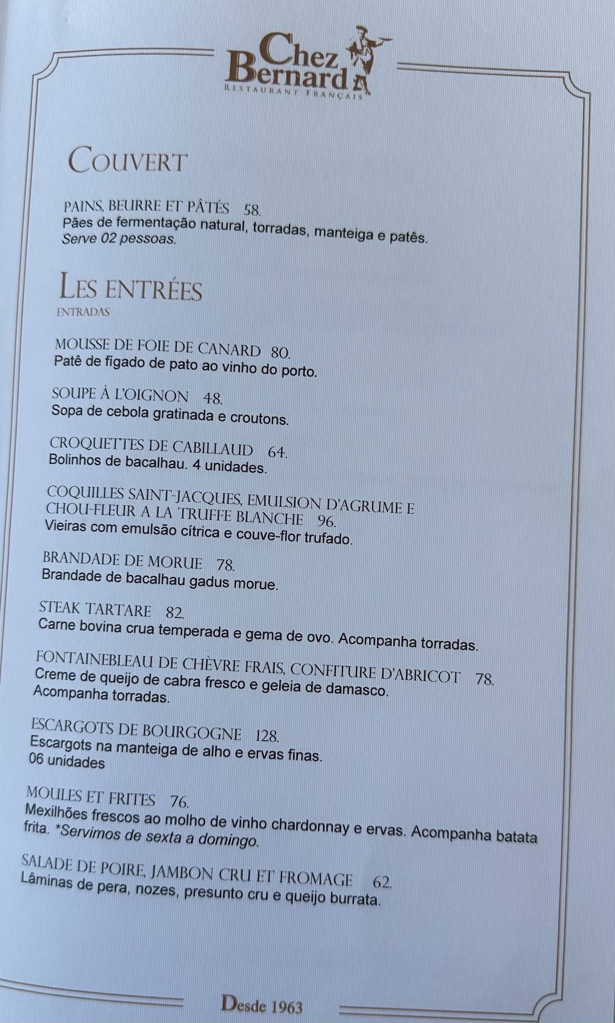 Restaurante Chez Bernard cardápio