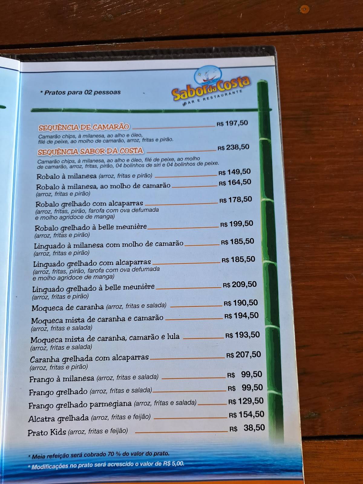 Restaurante Lagoa Azul cardápio