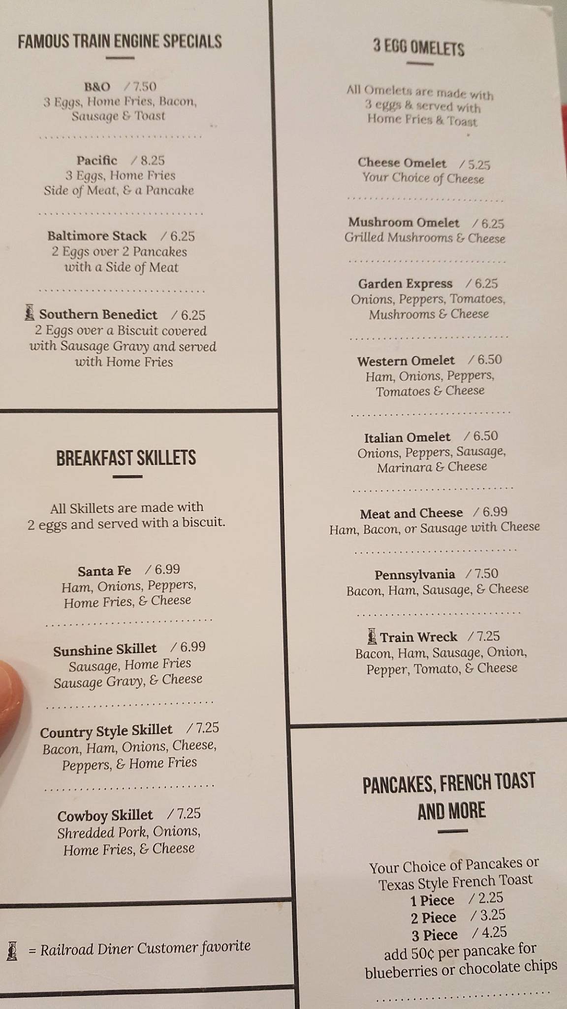 Menu at Richland Railroad Diner restaurant, Richland