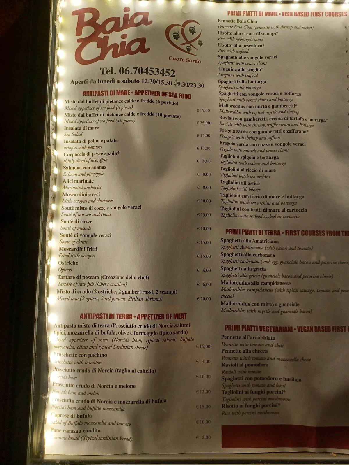 Menu de Ristorante Baia Chia Roma