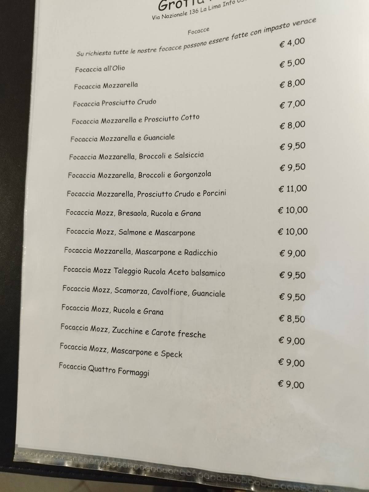 Menu di Ristorante Pizzeria Grotta Azzurra 